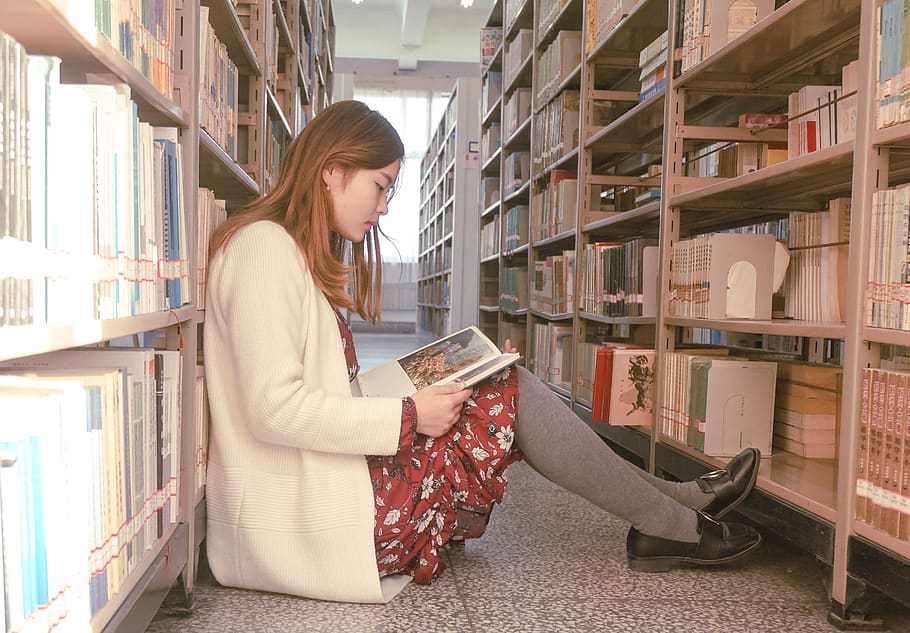Photo of a Woman Reading Book, adult, books, bookshelves, bookstore, HD wallpaper