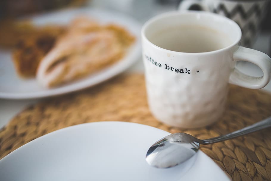 White mug with Break word, coffee, cup, spoon, food and drink HD wallpaper