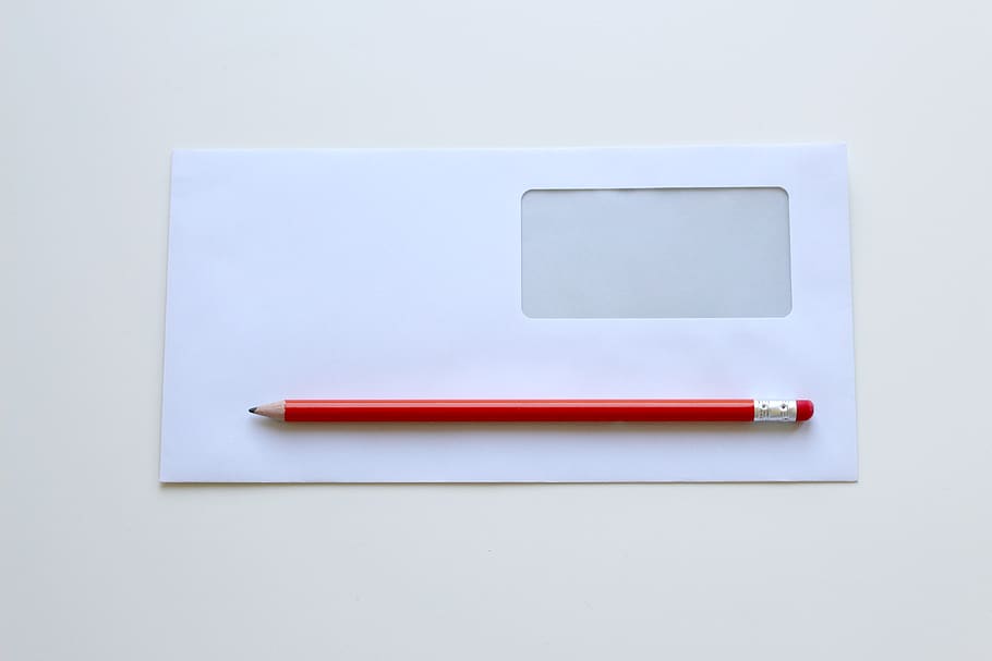 Red Pencil on Top of White Window Envelope, blank, empty, white background HD wallpaper