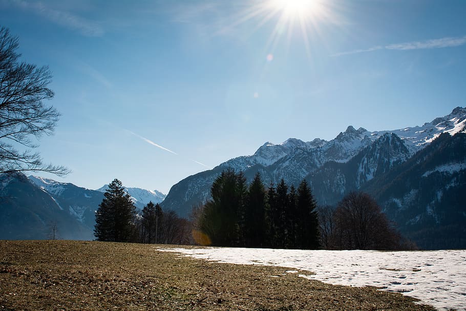 landscape, spring, snow, mountains, meadow, sky, mountain peaks HD wallpaper