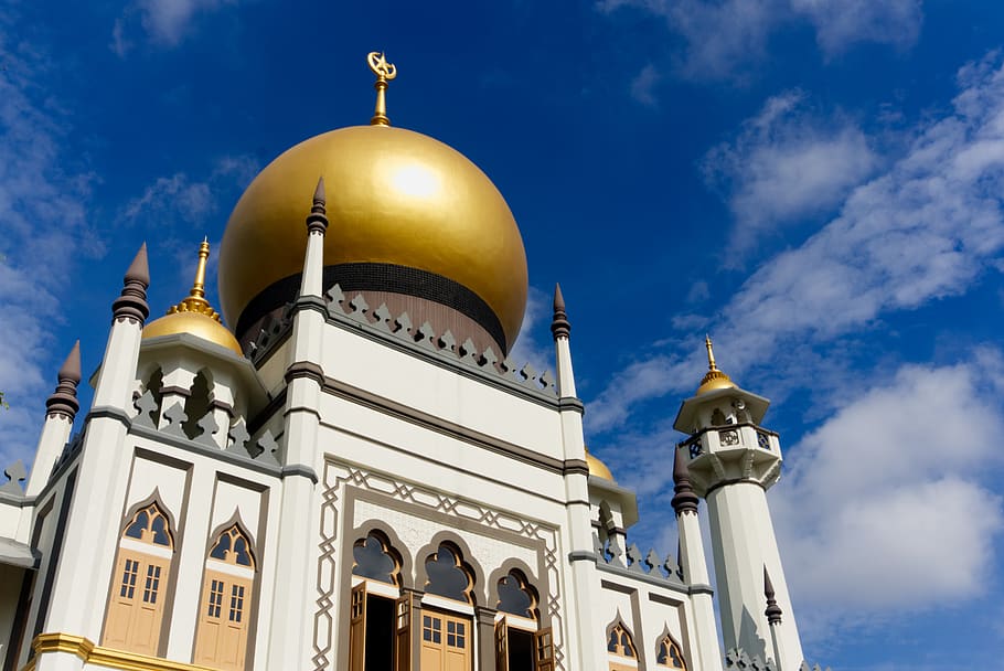 singapore, religion, sky, pray, view, mosque, colors, golden, HD wallpaper