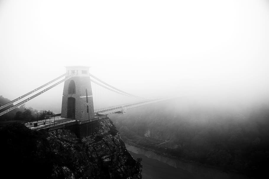 bridge photography, gorge, fog, foggy, mist, misty, architecture, HD wallpaper