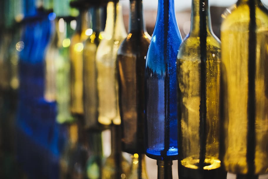 selective focus photography of glass bottles, beverage, drink, HD wallpaper