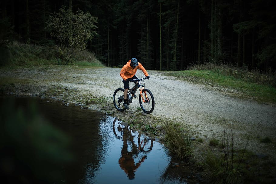 man riding bike beside the lake near the forest, bicycle, vehicle