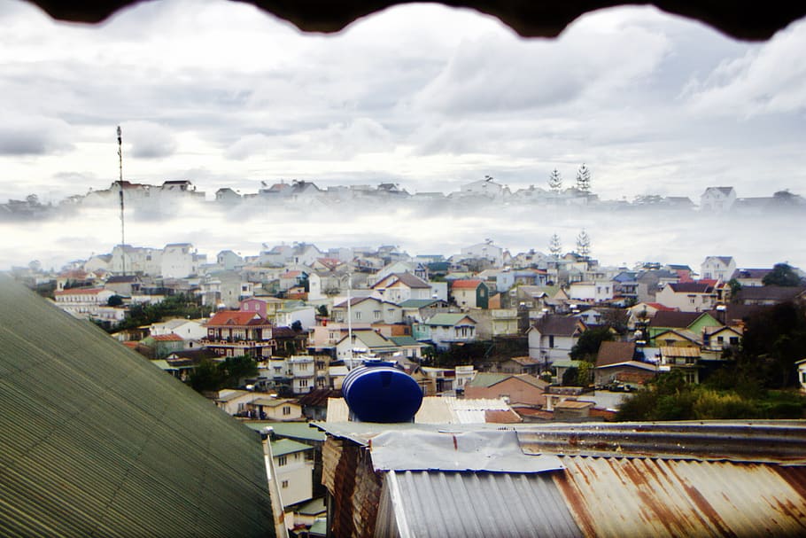 vietnam, dalat, mountain, city, asia, rooftops, town, building exterior, HD wallpaper