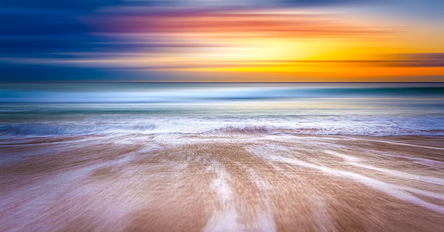 sunset, sky, water, waves, ocean, sea, horizon, coast, cloud HD wallpaper
