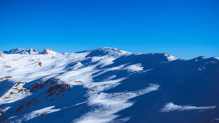 mountain, highland, snow, winter, blue, sky, view, nature, cold temperature HD wallpaper