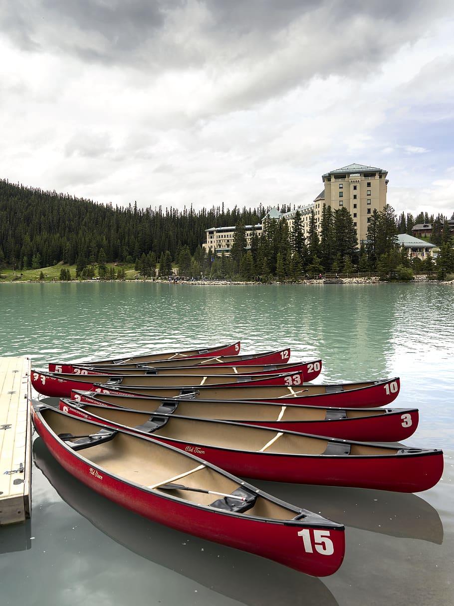 canada, lake louise, red canoes, rental, rainy, alberta, resort, HD wallpaper