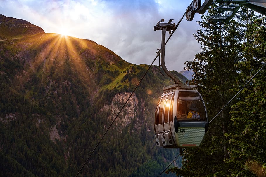 Selective Photo of Cable Car Surrounded by Tree and Hill, clouds HD wallpaper
