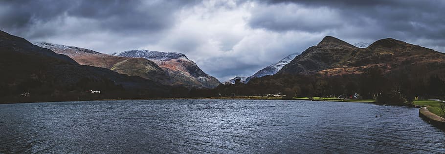 widescreen, dramatic, landscape, mountains, clouds, white, lake HD wallpaper
