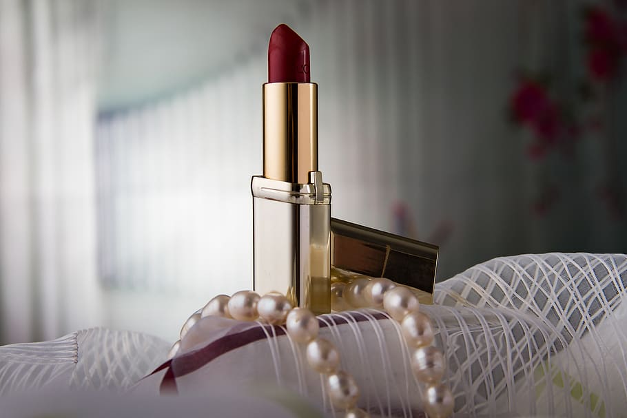 lipstick, makeup pearl necklace, beauty, cosmetics, care, female