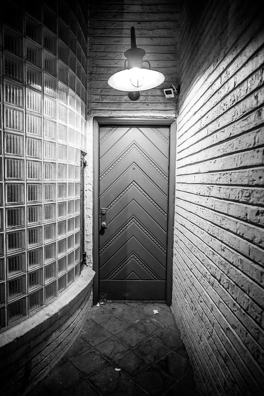 Monochrome Photo of Hallway, architecture, black-and-white, brick wall