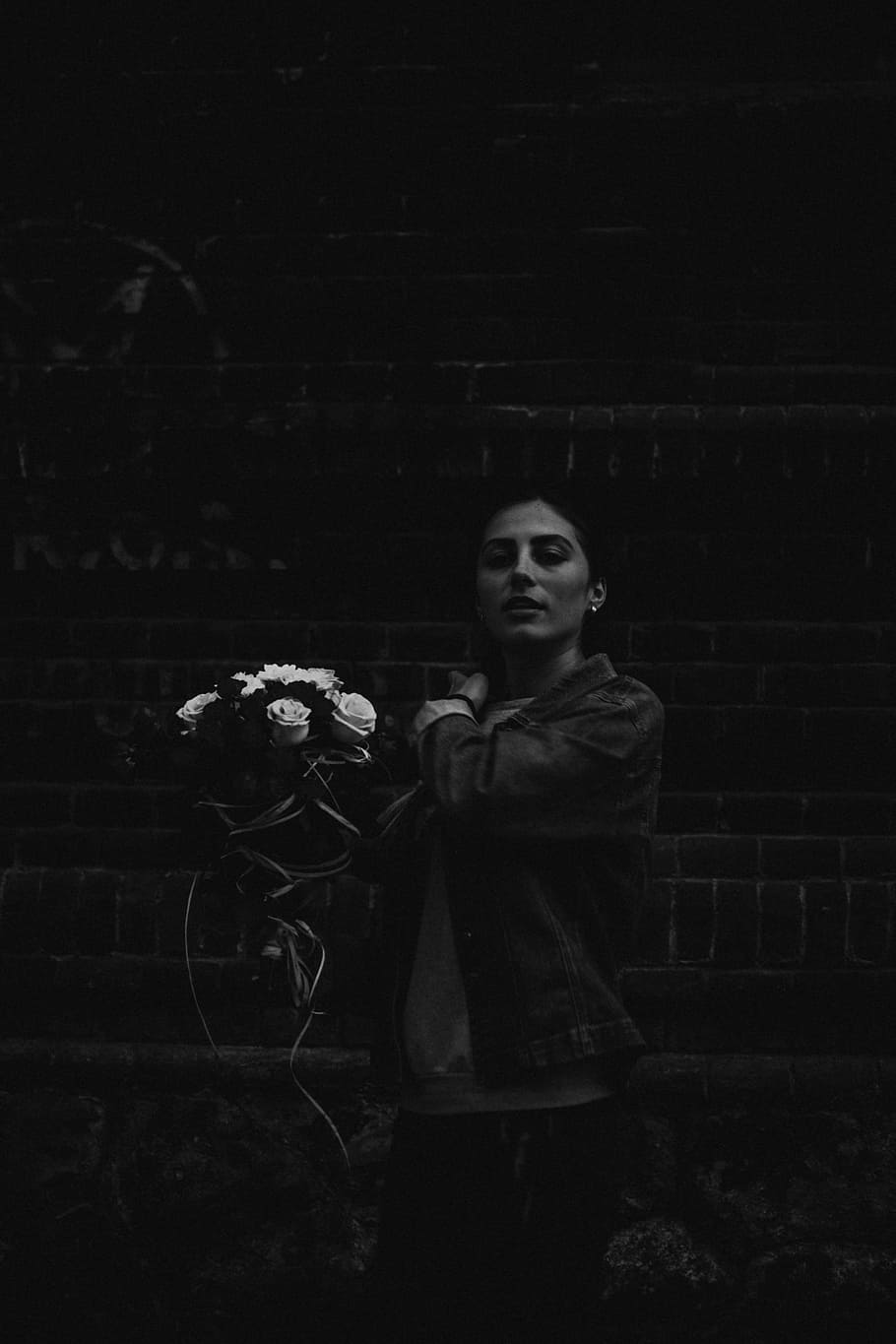 grayscale photography of woman holding flower bouquet, grey, darkness, HD wallpaper
