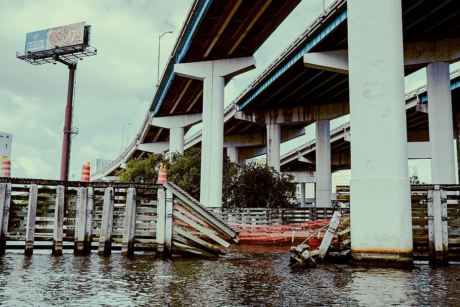 road, way, overpass, water, nature, banister, handrail, flood HD wallpaper