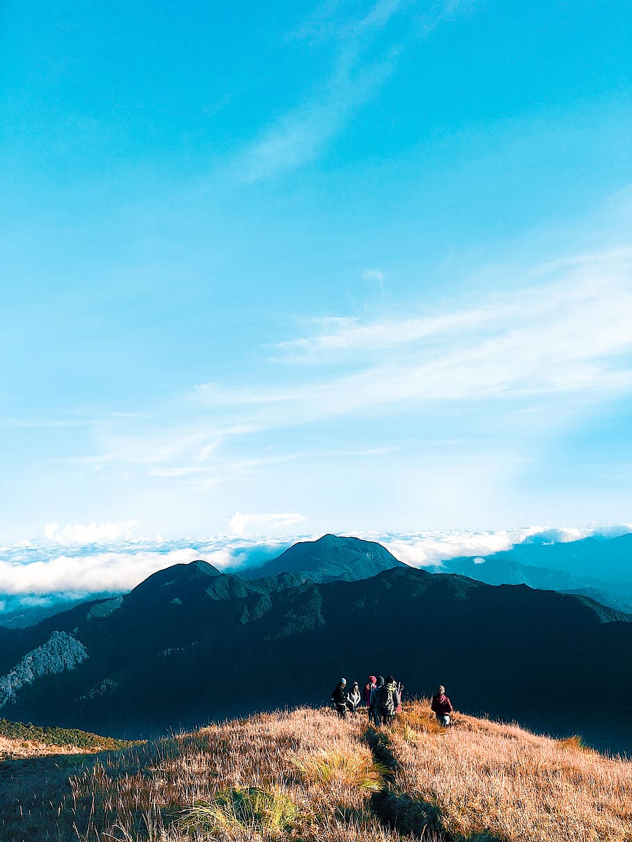 People Walking on Top of Mountain, adventure, clouds, daylight HD wallpaper