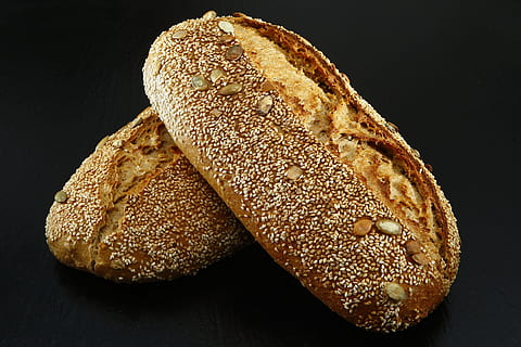 Bread, baked, crust, seeds, food and drink, freshness, black background HD wallpaper