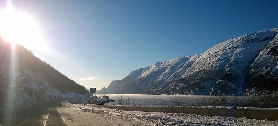 Road Along Mountain, cold, construction, daytime, frosty, frozen HD wallpaper