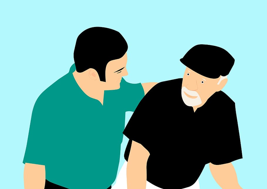 Illustration of young man sitting with older man, providing comfort and companionship