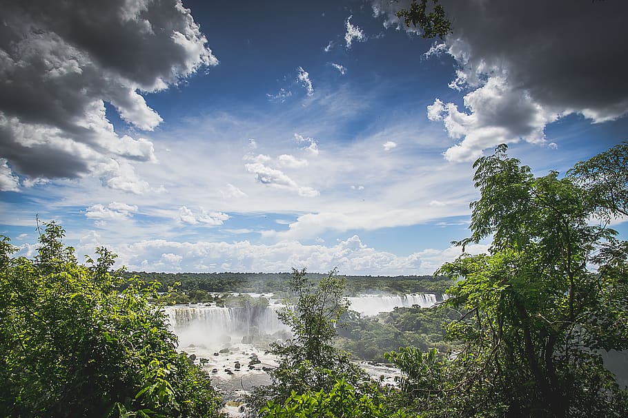 waterfalls surrounded by trees under cloudy sky, plant, cloud - sky HD wallpaper