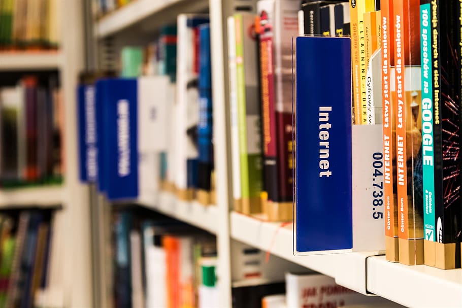 Books on Shelf in Library, blur, book stack, bookcase, bookshelves HD wallpaper