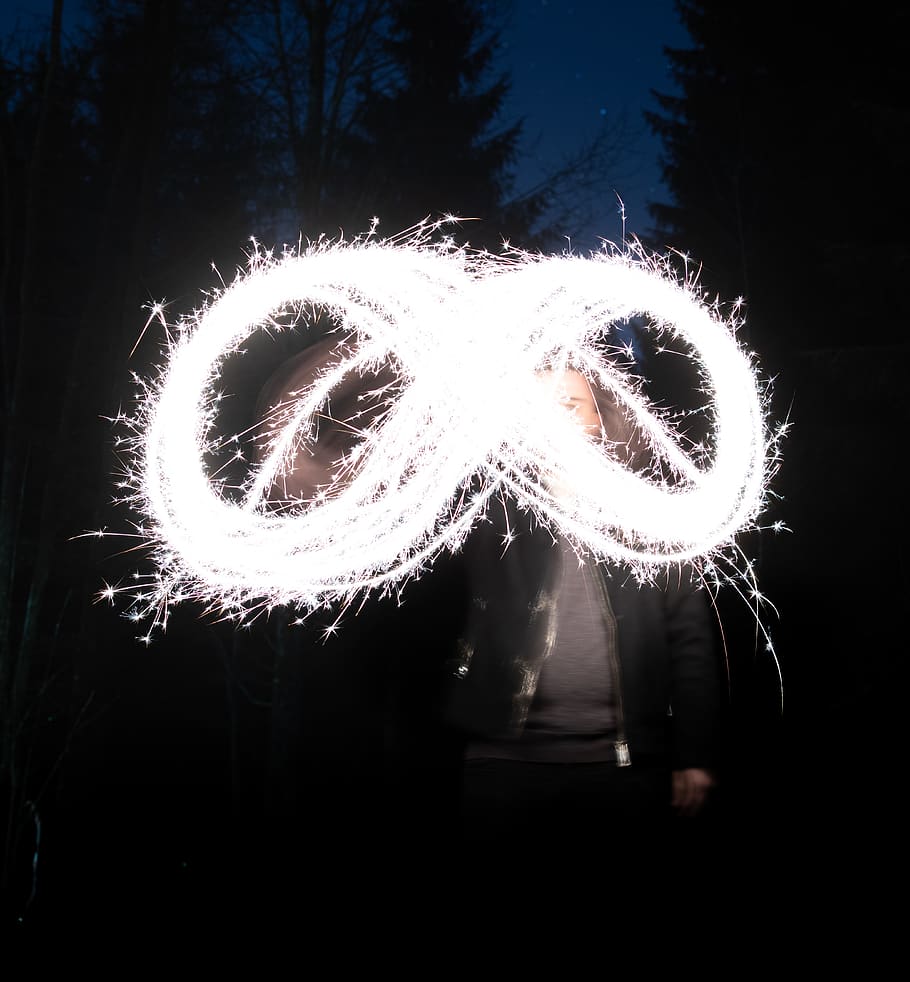 dark, winter, trees, sparkle, infinity, fireworks, illuminated HD wallpaper