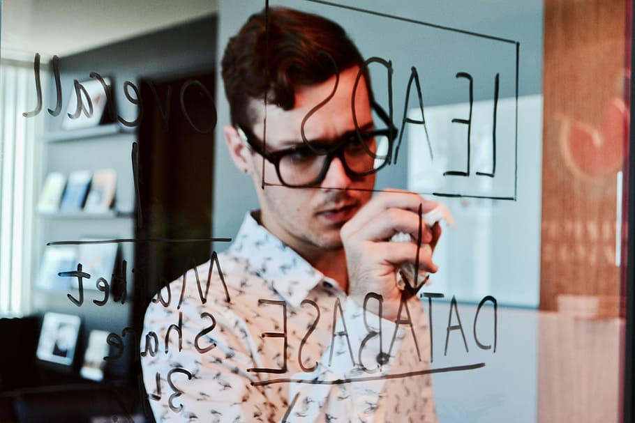 men's white dress shirt, man, male, brainstorming, board, writing on board, HD wallpaper