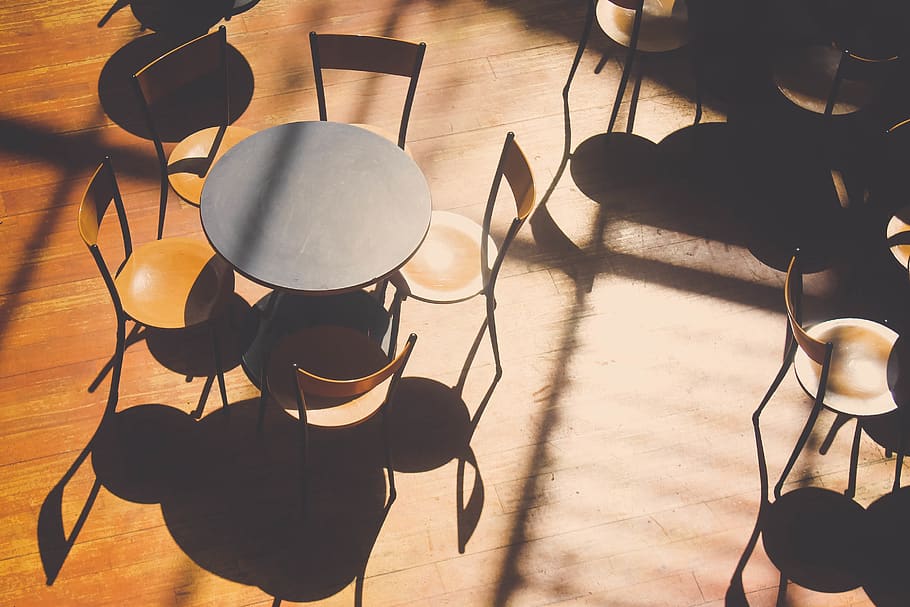 Round Black Table With Chairs Set, bar, cafeteria, lunch, shadows HD wallpaper