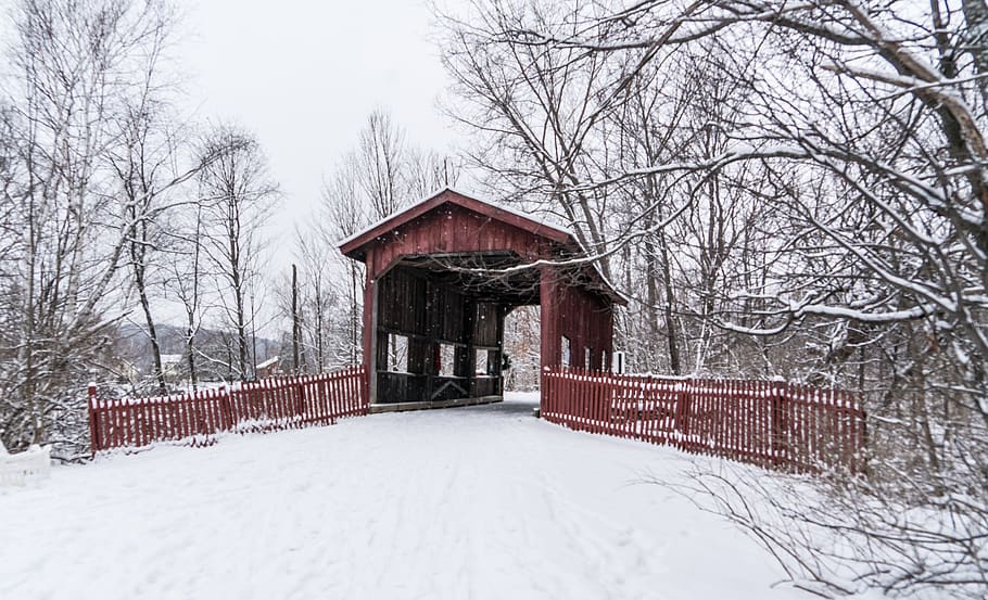 covered bridge, snow, winter, vermont, cold, landscape, nature