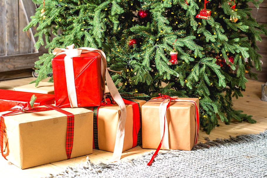 several gift boxes under Christmas tree, holiday, celebration HD wallpaper