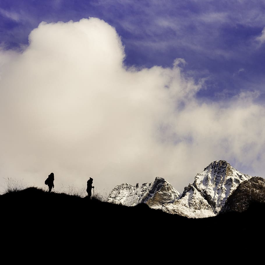 mountain, cloud, hiking, snow, tree, hill, wilderness, alone HD wallpaper