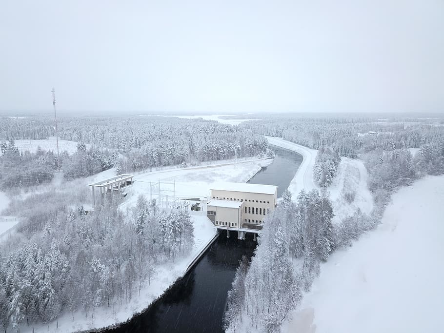 winter, ice, cold, landscape, snow, frozen, river, power plant HD wallpaper