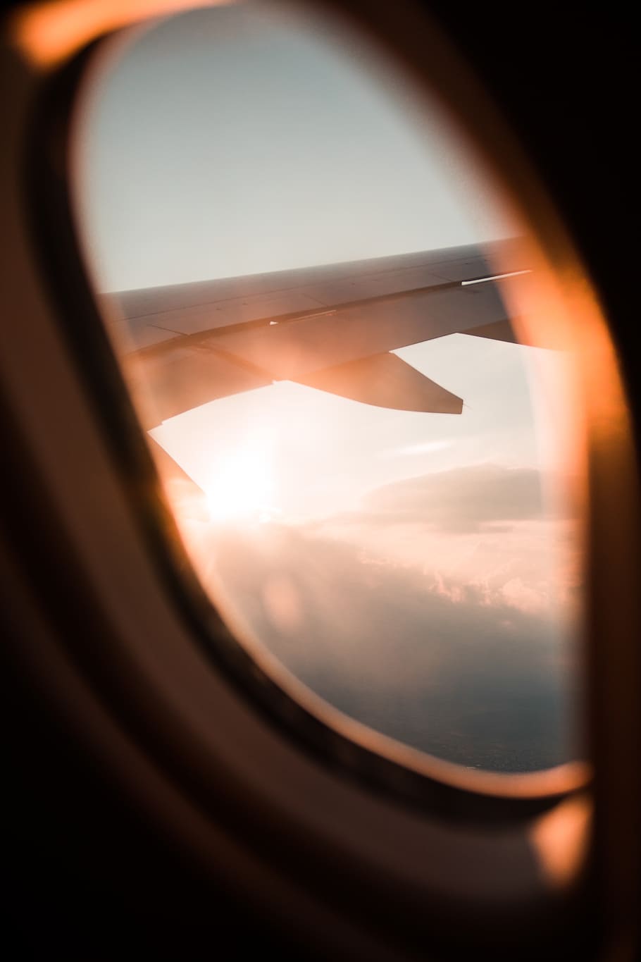 passenger plane window during daytime, sun, sky, sunlight, lens flare