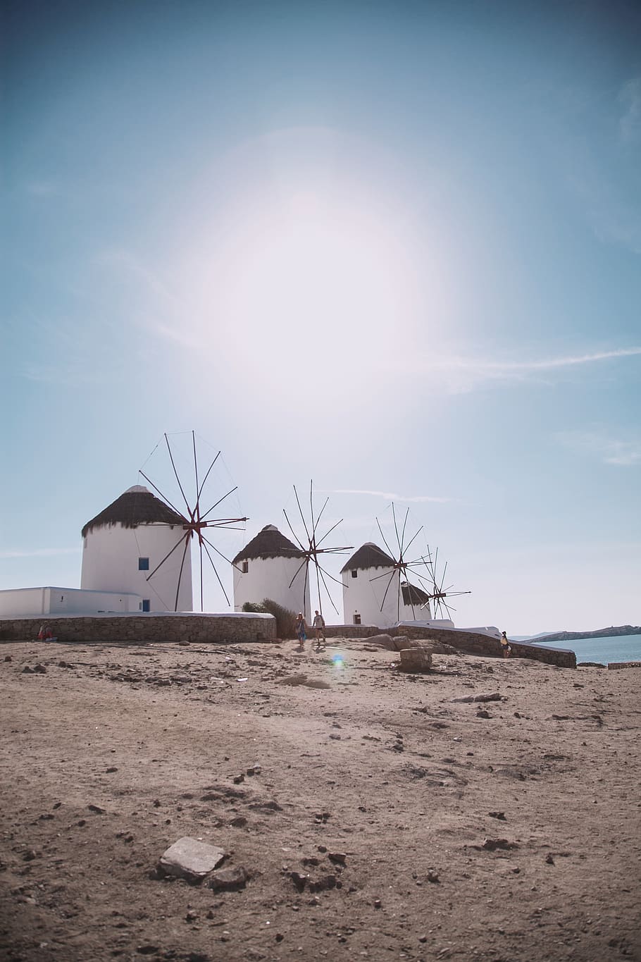 Four Windmills Near Body Of Water, daylight, energy, greece, mykonos, HD wallpaper