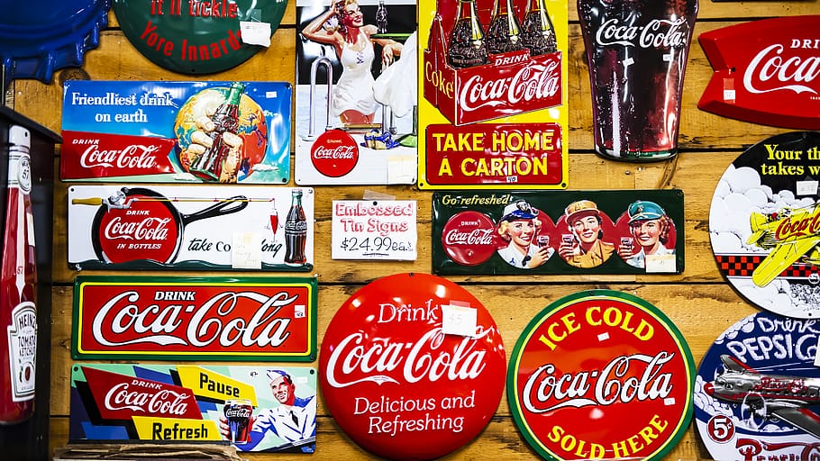 assorted Coca Cola sticker lot on wall, drink, beverage, soda