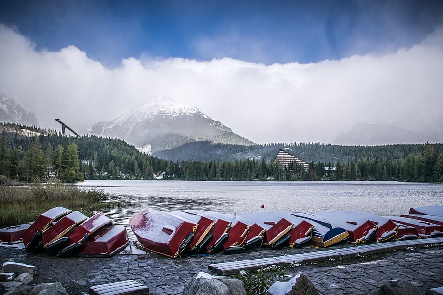 mountains, sky, snow, clouds, nature, panorama, water, lake HD wallpaper