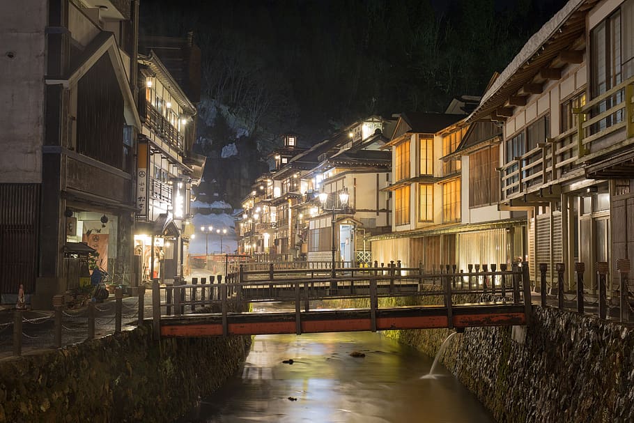 japan, hot springs, inn, yamagata, silver mine, winter, light
