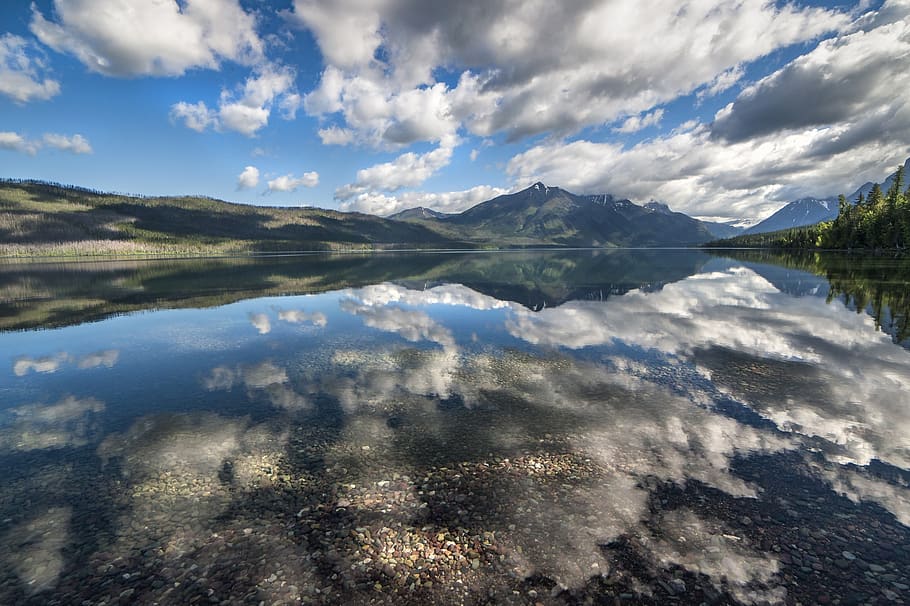 Body of Water Near Green Trees, calm, clouds, cloudscape, daylight HD wallpaper