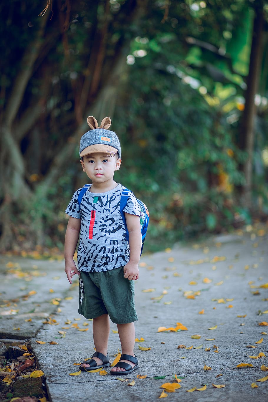 Boy Wearing Shirt and Backpack Standing on Concrete Pathway, adorable
