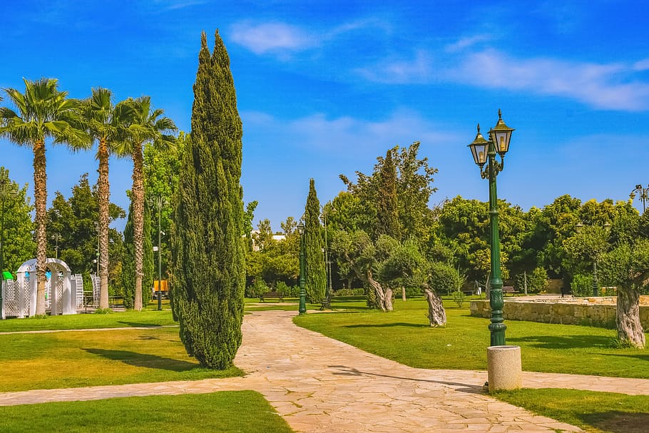 trees, lamp, square, park, church, architecture, angeloktisti HD wallpaper