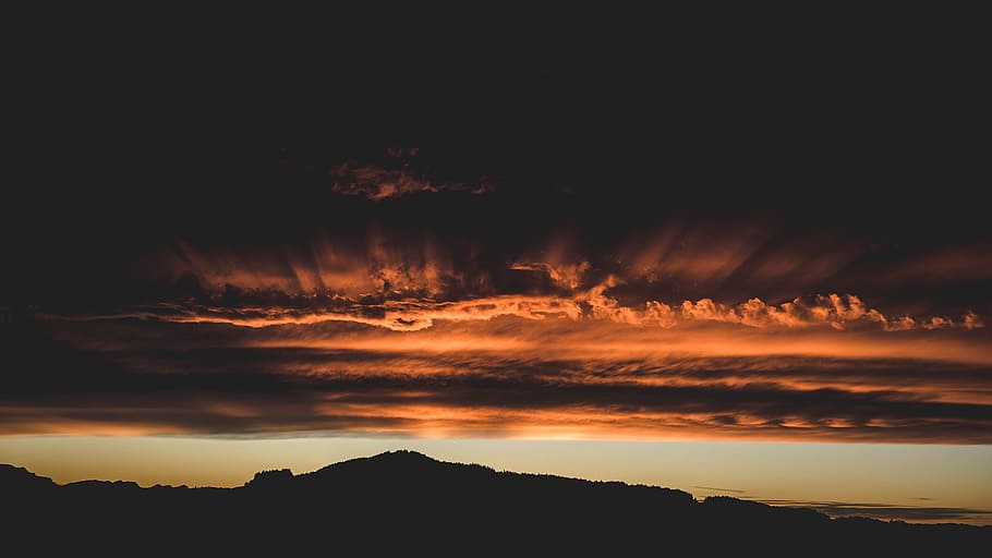 mountain during golden hour, cloud, beam, sky, landscape, orange HD wallpaper
