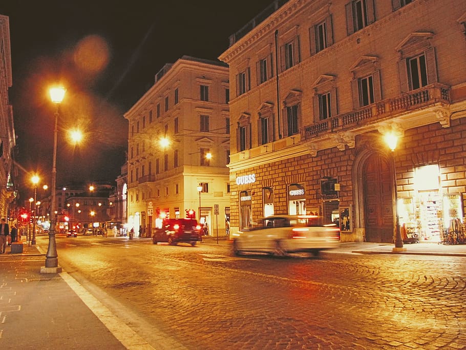 italy, rome, traffic, guess, shops, cobblestone, cars, road