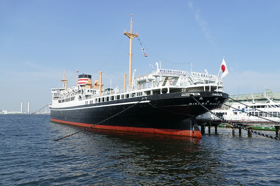 japan, yokohama, port, port town, sea, flag, tokyo, boat, transportation