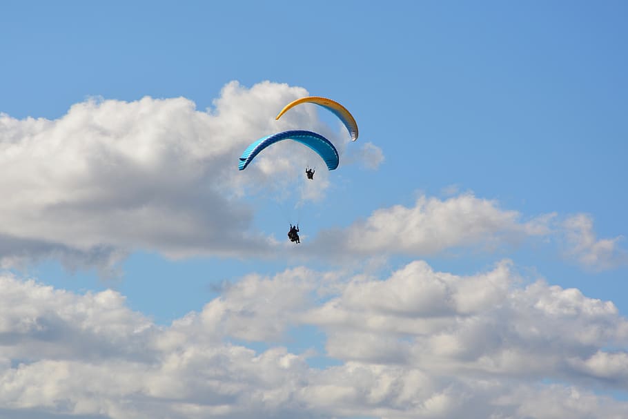 paragliding, paraglider, paragliders duo blue sky cloudy, white clouds