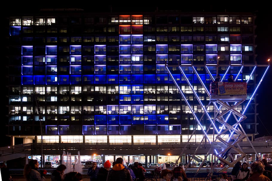 rabin square, night, blue, hanukkiah, minora, building, governor, HD wallpaper
