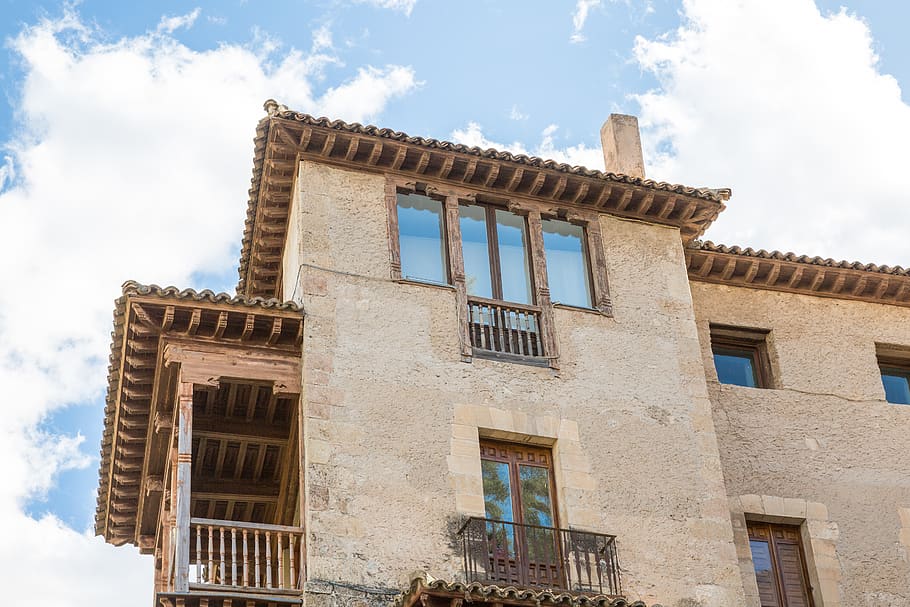 spain, cuenca, window, sky, blue, old, clouds, reflection, architecture HD wallpaper