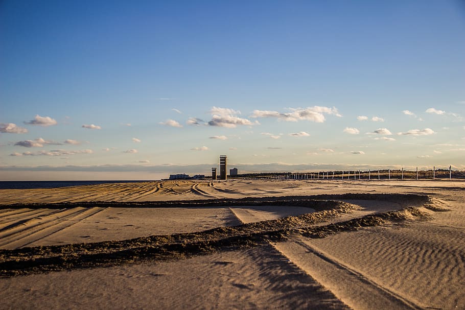 beach, sand, towers, ocean, tracks, sky, water, land, built structure HD wallpaper