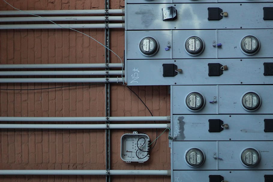 gray electric meter on brown wall brick, box, pipe, building HD wallpaper