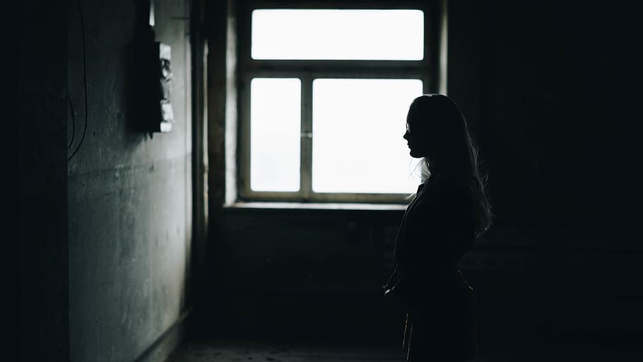 building, dark, room, window, wall, people, alone, girl, silhouette HD wallpaper