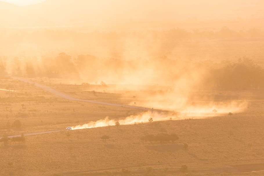 person taking photo of forest fire, road, car, dust, sunset, outback, HD wallpaper