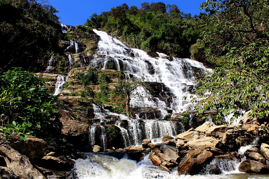Photo of Waterfalls on Rock Cliff, cascade, environment, flow HD wallpaper